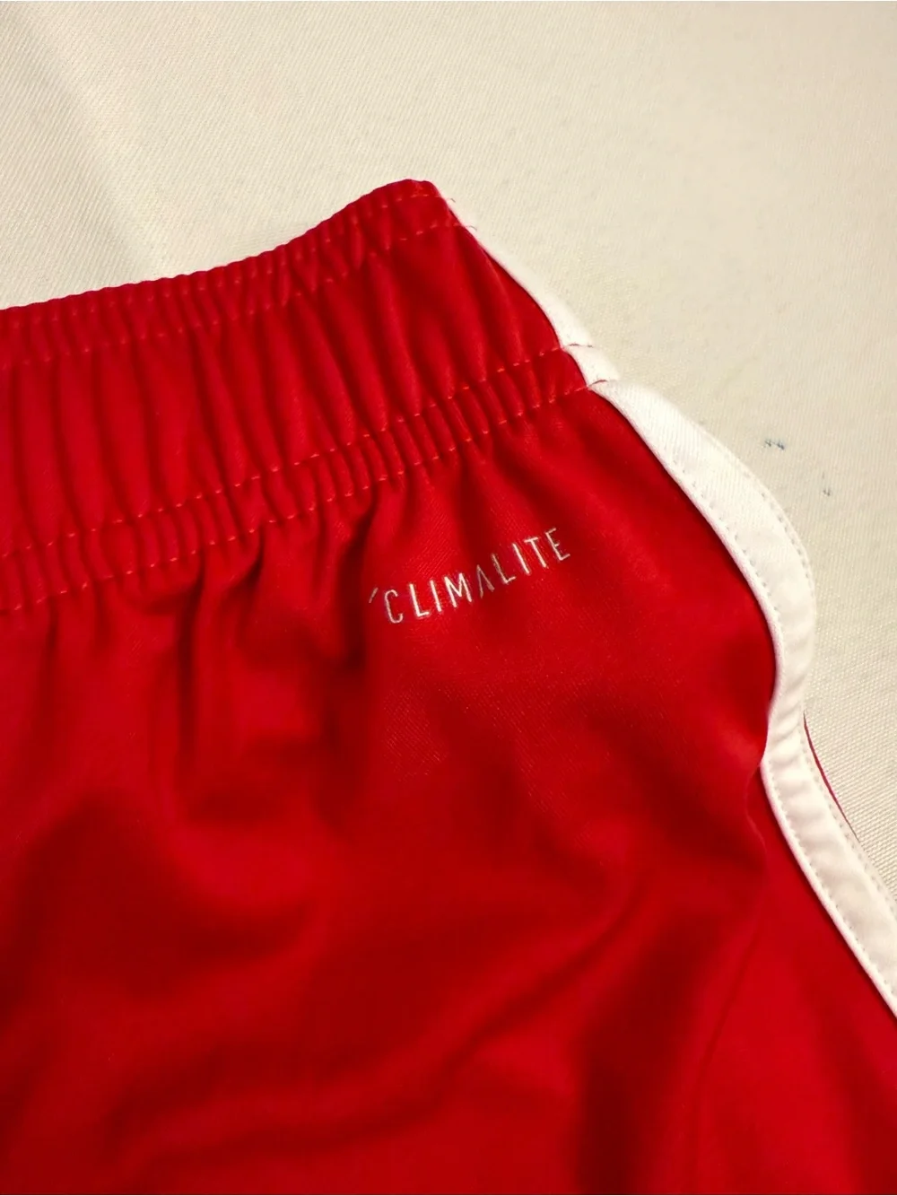adidas Red Women's Athletic Shorts with White Trim and Stripes - Picture 3 of 4